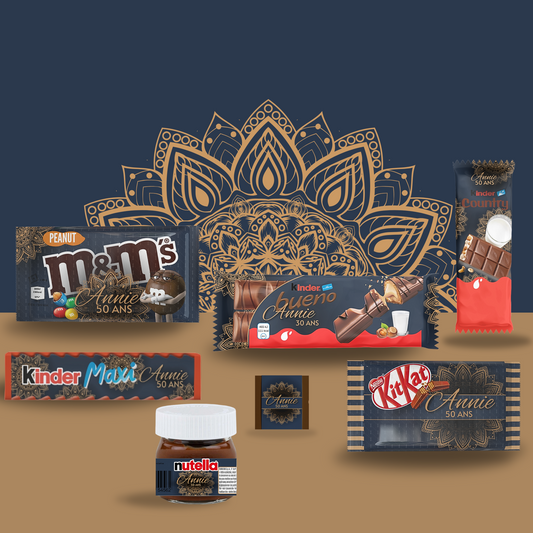 chic,anniversaire adulte,adulte,homme,femme,bleu,marron,or,box,decoration,bonbon et chocolat